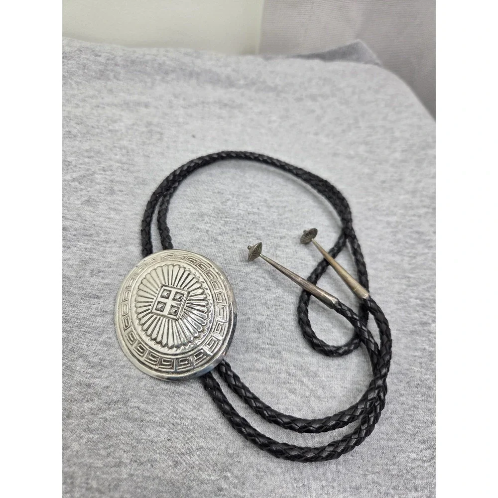 Vintage Leonard Maloney Signed Navajo Sterling Silver Large Bolo Tie LM Rare